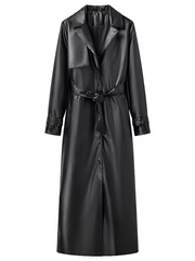 Women's Black Faux Leather Long Coat 2024 Autumn