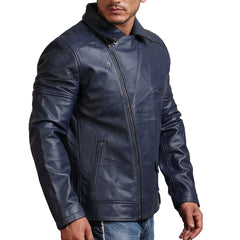 Men's Real Leather Blue Motorcycle Jacket