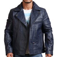 Men's Real Leather Blue Motorcycle Jacket