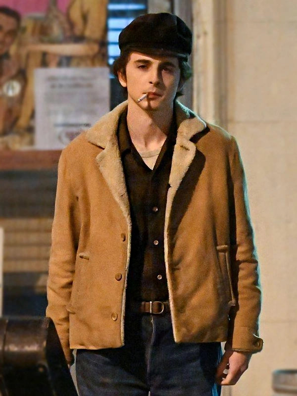 Timothée Chalamet leather shearling coat