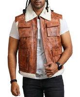 Men's Brown shearling Leather Vest With Fur Lining Jacket