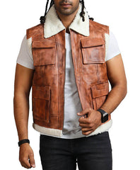 Men's Brown shearling Leather Vest With Fur Lining Jacket