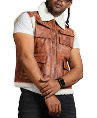 Men's Brown shearling Leather Vest With Fur Lining Jacket