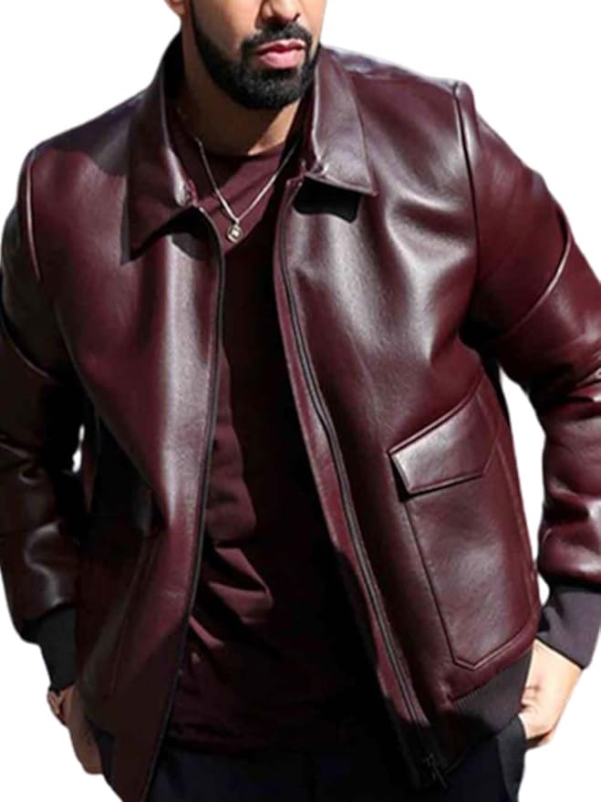 Drake Maroon Leather Bomber Jacket