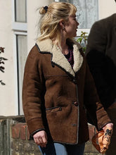 Florence Pugh brown shearling jacket We Live in Time