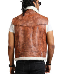 Men's Brown shearling Leather Vest With Fur Lining Jacket