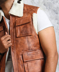 Men's Brown shearling Leather Vest With Fur Lining Jacket