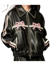 Pink Bow Black Leather Bomber Jacket