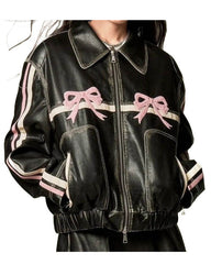 Pink Bow Black Leather Bomber Jacket