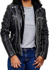 Women’s Hooded Leather Biker Jacket