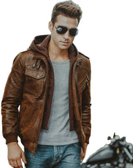 Men's Brown Distress Real Leather Bomber Jacket with Removable Hood