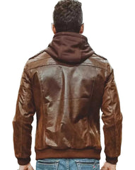 Men's Brown Distress Real Leather Bomber Jacket with Removable Hood