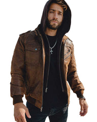 Men's Brown Distress Real Leather Bomber Jacket with Removable Hood