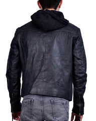 Men's Hooded Black Biker Leather Jacket