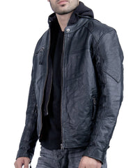 Men's Hooded Black Biker Leather Jacket