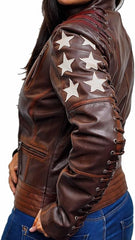 Women’s Stars and Stripes Dark Brown Moto Jacket