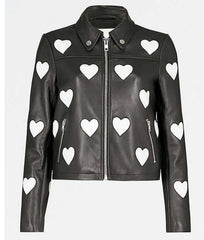 Women's Black Leather Jacket With Hearts