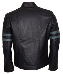 Men's Black Leather Jacket with Grey Stripes
