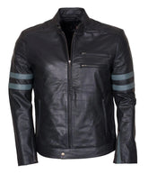 Men's Black Leather Jacket with Grey Stripes