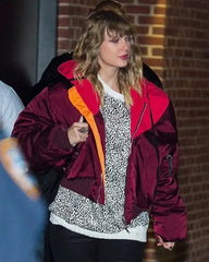 Taylor Swift Oversized Bomber Hooded Burgundy Jacket
