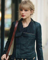 Taylor Swift Street Style Real Leather Black Jacket