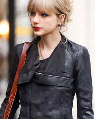 Taylor Swift Street Style Real Leather Black Jacket