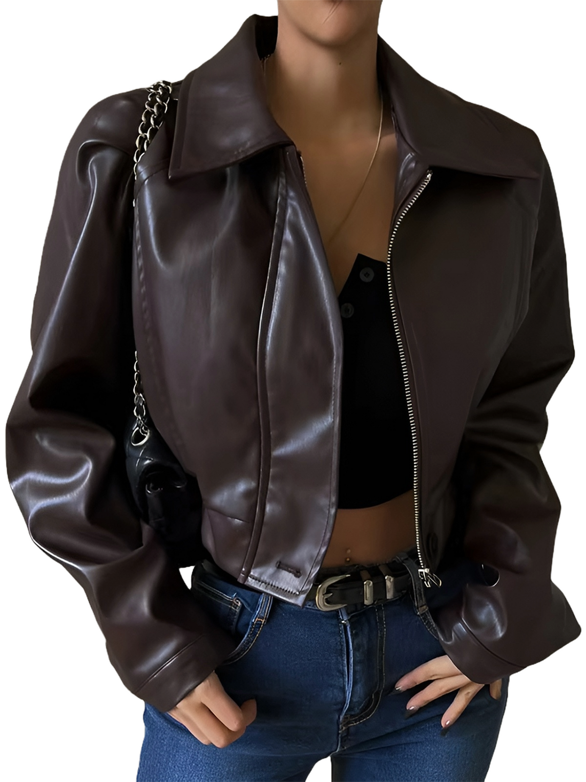Womens Brown Faux Leather Jacket