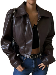 Womens Brown Faux Leather Jacket