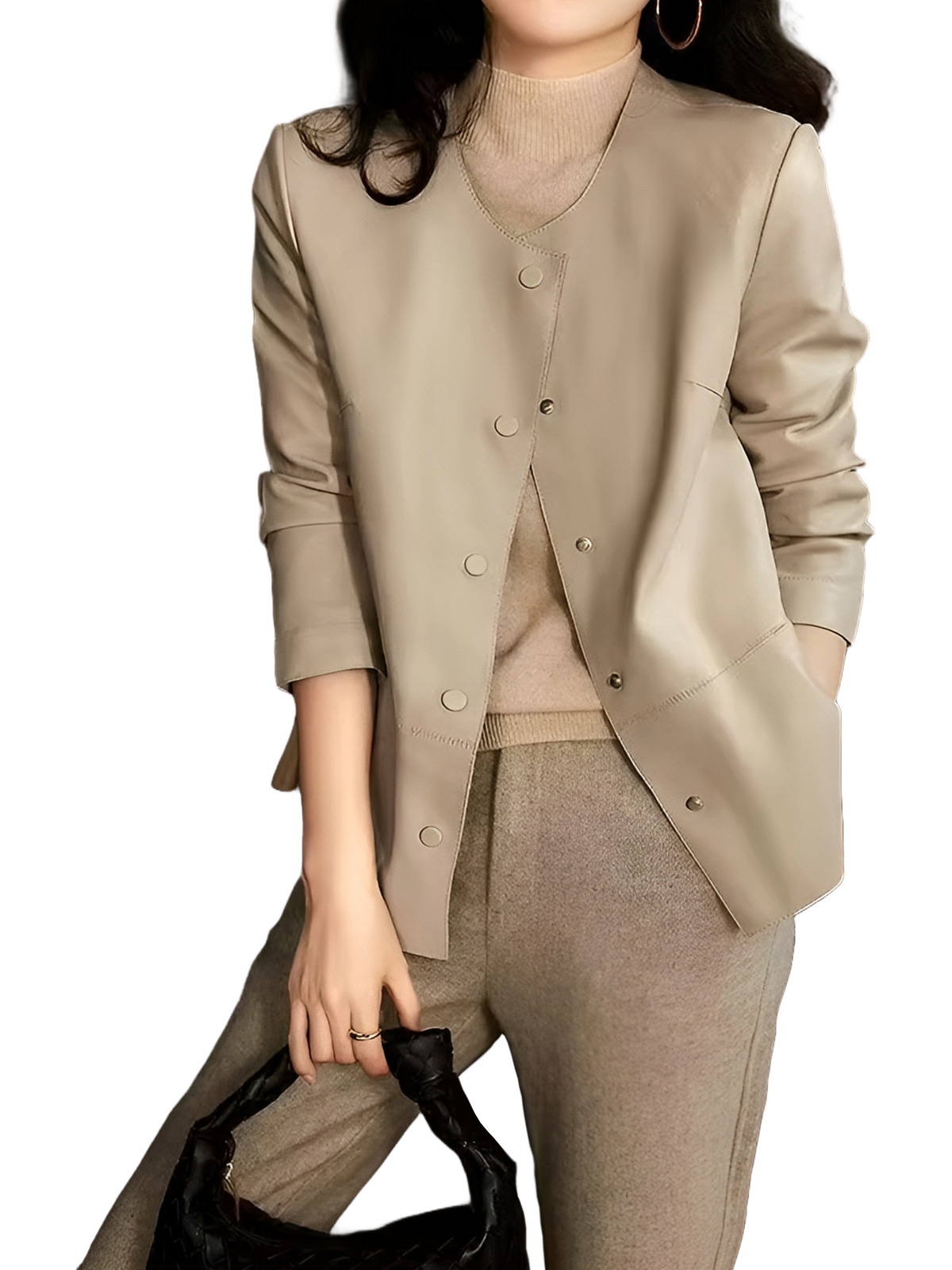Ladies Faux Khaki Round Neck Leather Coats