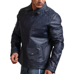 Men's Real Leather Blue Motorcycle Jacket