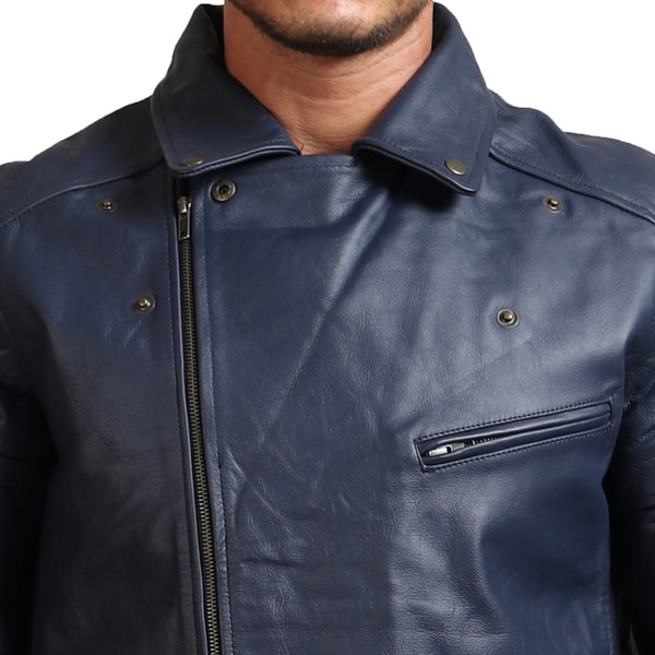 Men's Real Leather Blue Motorcycle Jacket