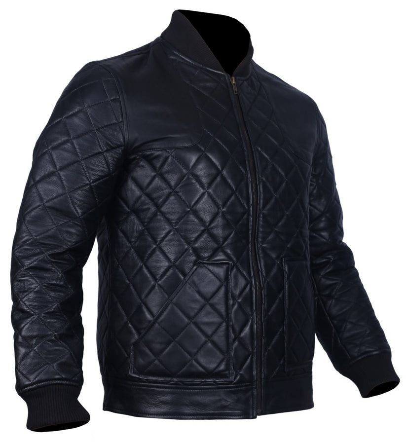 Men's Black Leather Diamond Quilted  Biker Style jacket