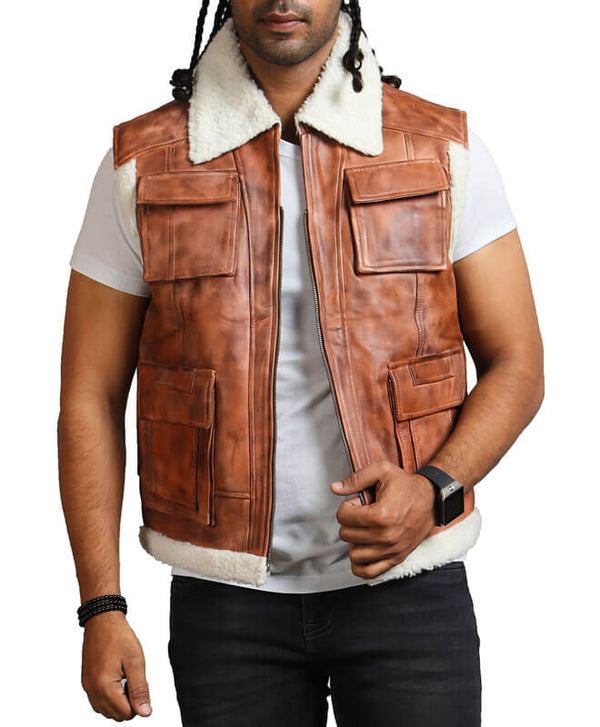 Men's Brown shearling Leather Vest With Fur Lining Jacket