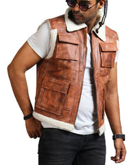 Men's Brown shearling Leather Vest With Fur Lining Jacket