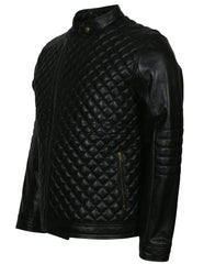 Men's Diamond Quilted Black Leather Bomber Jacket
