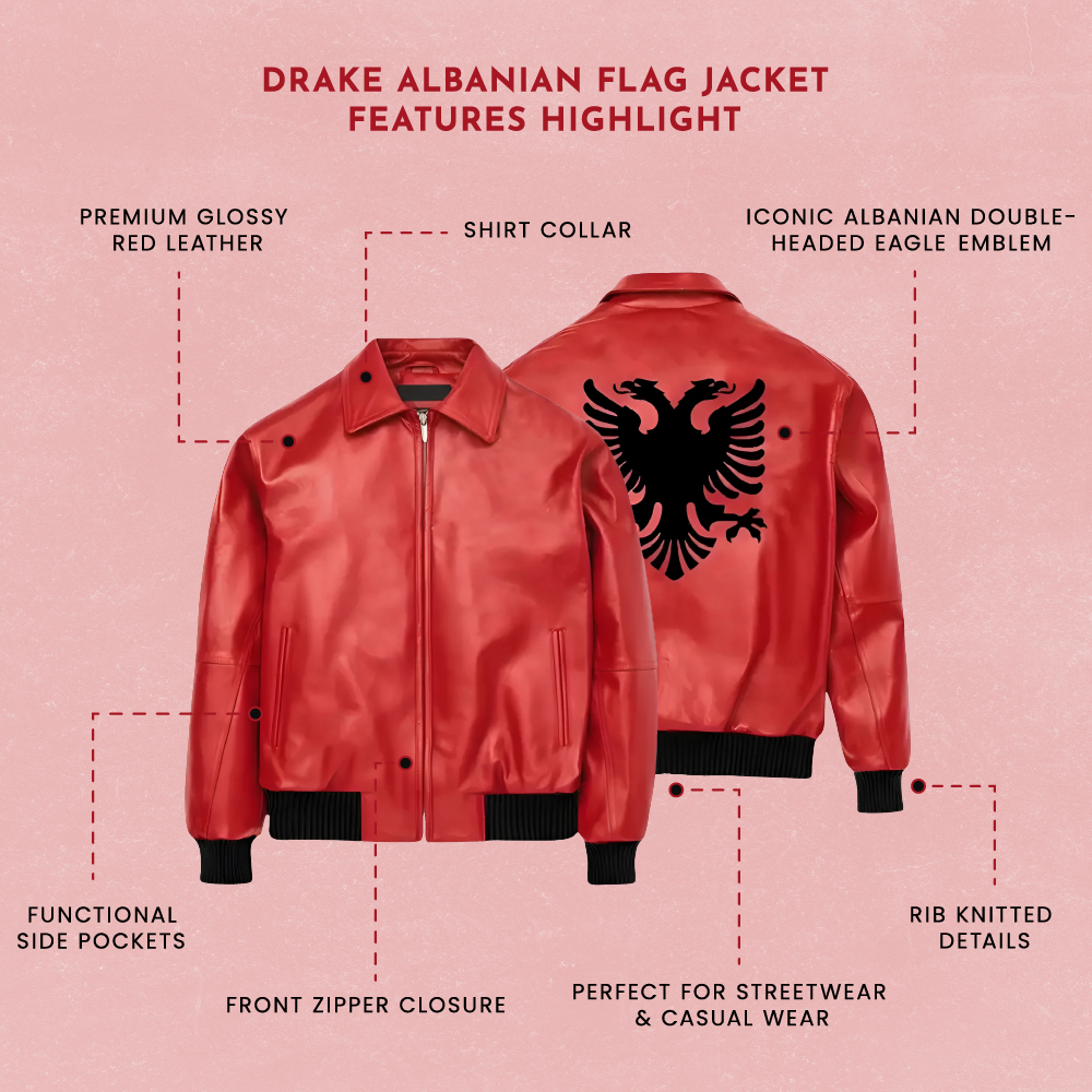 Red Leather Jacket with Albanian Flag

