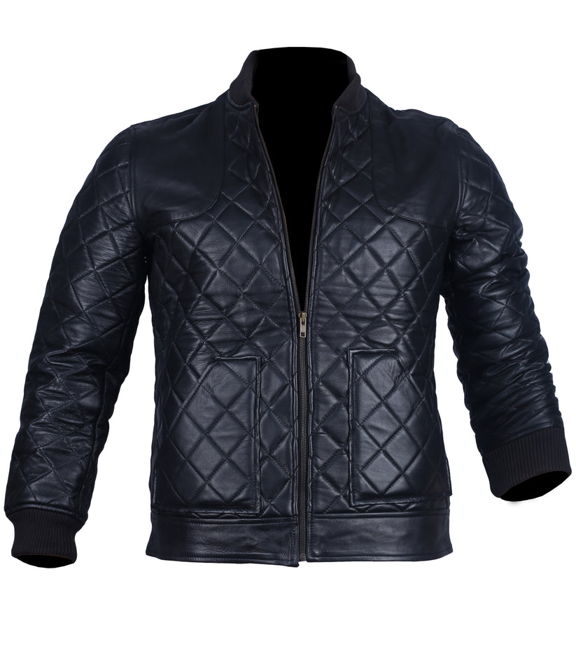 Men's Black Leather Diamond Quilted  Biker Style jacket