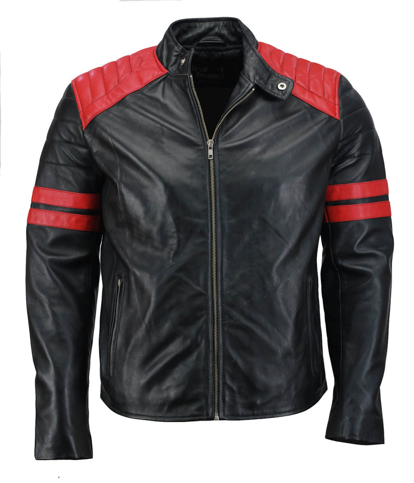 Men's Slim Fit Leather Jackets With Red Stripes