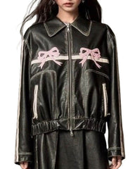 Pink Bow Black Leather Bomber Jacket