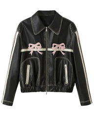 Pink Bow Black Leather Bomber Jacket