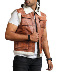 Men's Brown shearling Leather Vest With Fur Lining Jacket