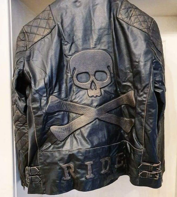 Skull Crossbones Quilted Leather Motorcycle Jacket