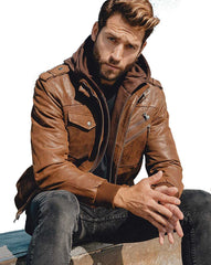 Men's Brown Distress Real Leather Bomber Jacket with Removable Hood