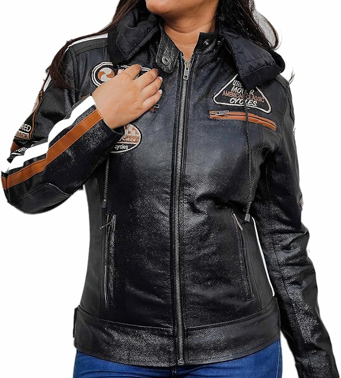 Women's Café Racer Badges Detachable Hooded Jacket