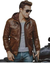 Men's Brown Distress Real Leather Bomber Jacket with Removable Hood