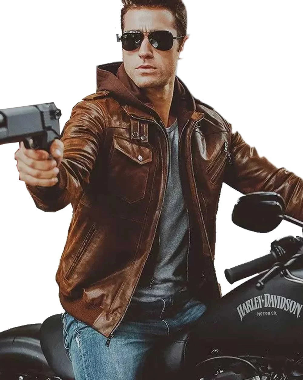 Men's Brown Distress Real Leather Bomber Jacket with Removable Hood