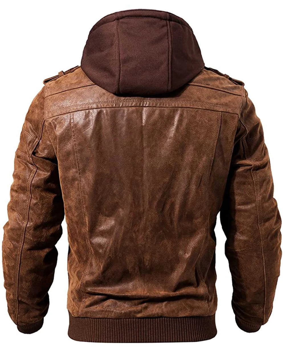 Men's Brown Distress Real Leather Bomber Jacket with Removable Hood