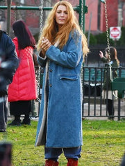 Women's Blake Lively It Ends With Us Blue Shearling Trench Coat