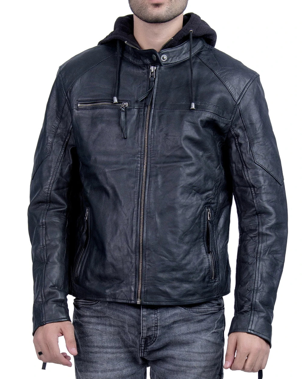 Men's Hooded Black Biker Leather Jacket