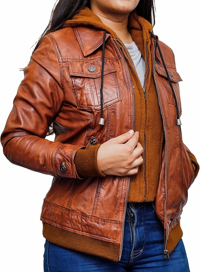 Women’s Brown Removable Hood Bomber Jacket